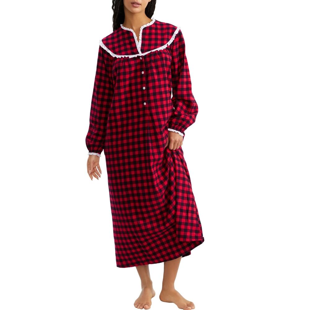 Lanz of Salzburg Women's Red &‎ Black Buffalo Plaid Long Sleeve Nightgown Size L